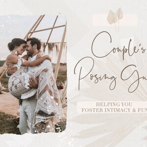 May include: A couple poses for a wedding photograph. The woman is wearing a white lace dress and the man is wearing a white suit. The couple are standing in front of a wooden structure decorated with greenery. The text "Couple's Posing Guide" is written in cursive script on a white background with a floral design.