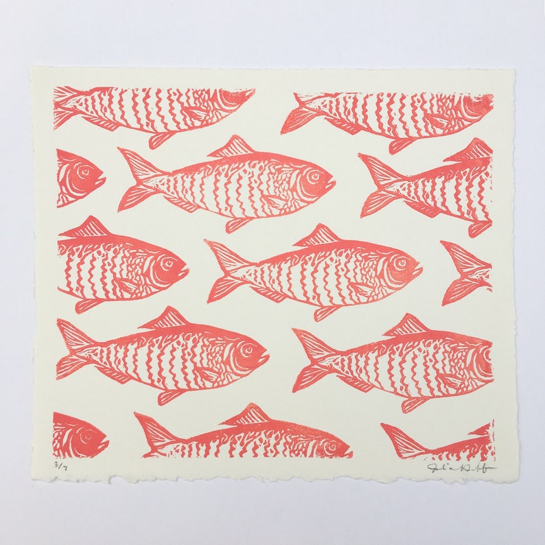 Pink Fish Pattern Lino Print - Etsy