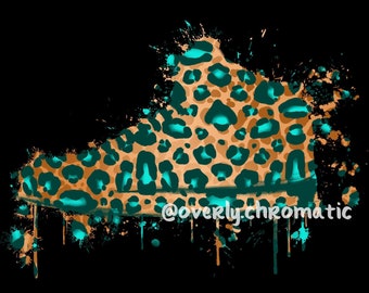Teal and Tan Cheetah Print Jordan Sneaker Paint Splatter TShirt