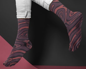 Maroon Red Socks | Mens Size 9 and Up | Custom Socks | Novelty Socks | Dress Socks for Office | Fun Socks | Crew Height | Abstract Print