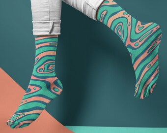 Teal Coral Socks | Mens Size 9 and Up | Custom Socks | Novelty Socks | Dress Socks for Office | Fun Socks | Crew Height | Abstract Print