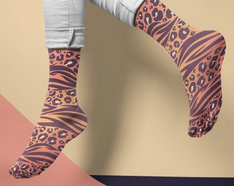 Animal Print Socks | Womens 5 - Mens 9 | Custom Socks | Novelty Socks | Dress Socks for Office | Fun Sock | Crew Height | Coral Peach Purple