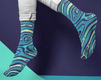 Abstract Print Socks | Womens 5 - Mens 9 | Custom Socks | Novelty Socks | Dress Socks for Office | Fun Sock | Crew Height | Teal Lime