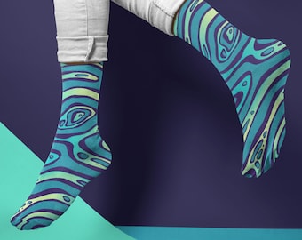 Abstract Print Socks | Womens 5 - Mens 9 | Custom Socks | Novelty Socks | Dress Socks for Office | Fun Sock | Crew Height | Teal Lime