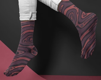 Abstract Print Socks | Womens 5 - Mens 9 | Custom Socks | Novelty Socks | Dress Socks for Office | Fun Sock | Crew Height | Maroon