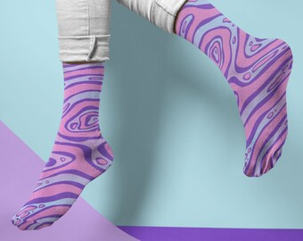 Abstract Print Socks | Womens 5 - Mens 9 | Custom Socks | Novelty Socks | Dress Socks for Office | Fun Sock | Crew Height | Pink Purple
