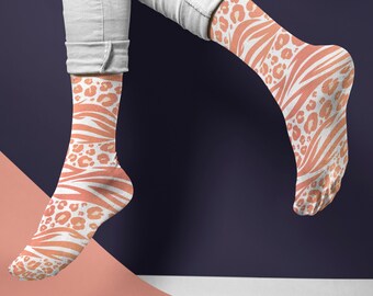 Animal Print Socks | Mens Size 9 and Up | Custom Socks | Novelty Socks | Dress Socks for Office | Fun Socks | Crew Height | Coral Peach Pink