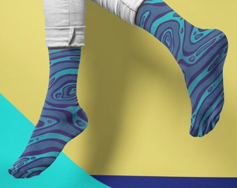 Abstract Print Socks | Womens 5 - Mens 9 | Custom Socks | Novelty Socks | Dress Socks for Office | Fun Sock | Crew Height | Blue Ocean
