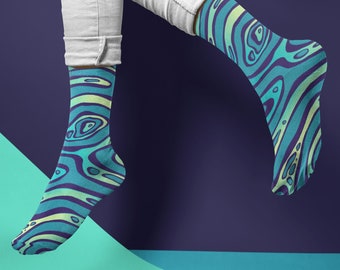 Teal and Lime Socks | Mens Size 9 and Up | Custom Socks | Novelty Socks | Dress Socks for Office | Fun Socks | Crew Height | Abstract Print