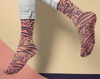 Animal Print Socks | Mens Size 9 + | Custom Socks | Novelty Socks | Dress Socks for Office | Fun Sock | Crew Height | Coral Peach Purple