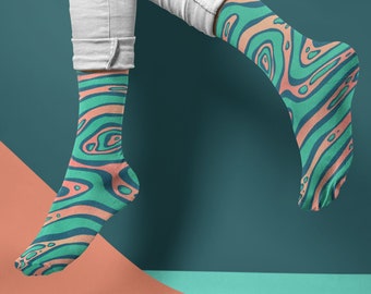 Abstract Print Socks | Womens 5 - Mens 9 | Custom Socks | Novelty Socks | Dress Socks for Office | Fun Sock | Crew Height | Teal Coral