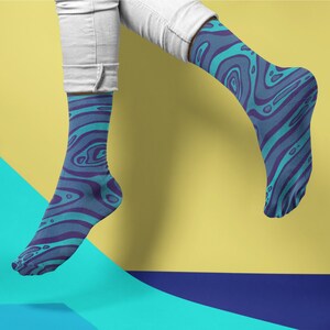 Blue Socks | Mens Size 9 and Up | Custom Socks | Novelty Socks | Dress Socks for Office | Fun Socks | Crew Height | Abstract Print