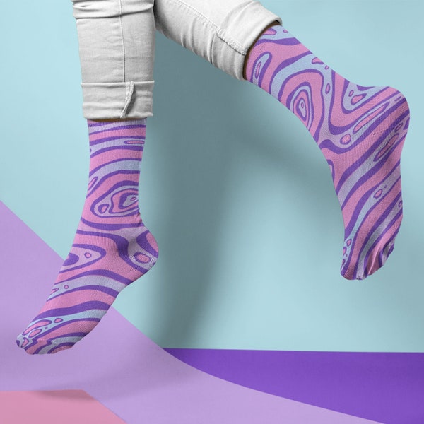 Purple Pink Socks | Mens Size 9 and Up | Custom Socks | Novelty Socks | Dress Socks for Office | Fun Socks | Crew Height | Abstract Print