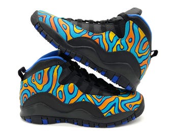 Custom Sneaker Size 6.5 | Blue, Yellow, and Orange Custom Painted Jordan 10 | Size 8 Women's