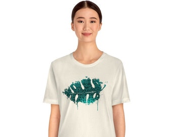 Teal Monstera Leaf Print Cotton Tee