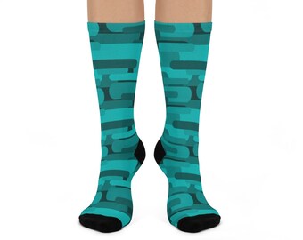 Geometric Print Socks | Womens 5 - Mens 9 | Custom Socks | Novelty Socks | Dress Socks for Office | Fun Sock | Crew Height | Teal Aqua