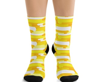 Yellow Socks  | Mens Size 9+ | Custom Socks | Novelty Socks | Dress Socks for Office | Fun Socks | Crew Height | Geometric Print Camo