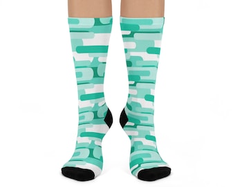 Geometric Print Socks | Mens 9+ | Custom Socks | Novelty Socks | Dress Socks for Office | Fun Sock | Crew Height | Teal Aqua