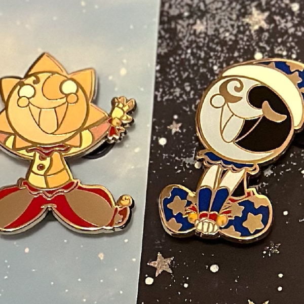 FNAF Smol Sun and Mini Moon Glow-in-the-Dark Enamel Pins + Free Sticker