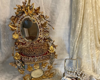 Antique French Napoleon lll , Globe De Mariee, Wedding Dome Interior, Ormolu Decals, Mirrors, Wax Flowers , Bridal Tiara, Wedding crown
