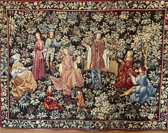 French Vintage Medieval Tapestry , Wall Hanging ,Secret Jardin ,point des Meurins , Flanders d’ Halluin, French Interiors, Farmhouse chic