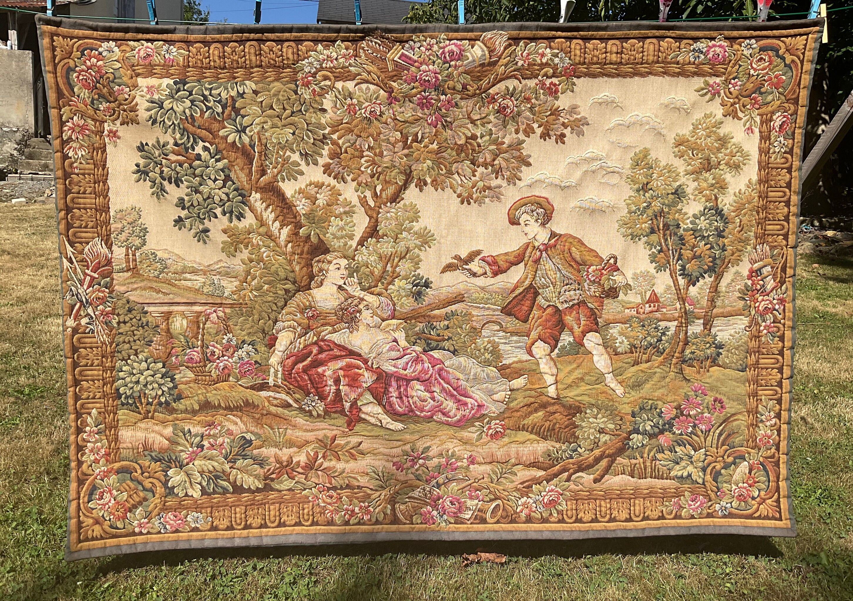 Français Vintage Aubusson Tapisserie Jp Paris, Accrochage Mural, Scène Pastorale Romantique, Château