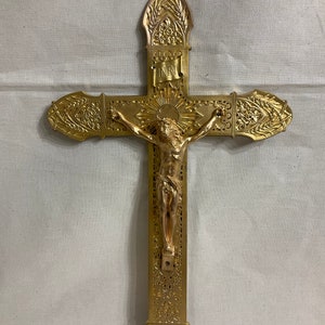 Grand crucifix ancien en bronze doré, Français, croix, religieux, icône, spiritualité