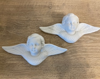 French Antique  White Bisque, Porcelain Winged Angels, Cherubs, Putti ,  Wall Hanging, Home Decor, Architectural, Salvage,