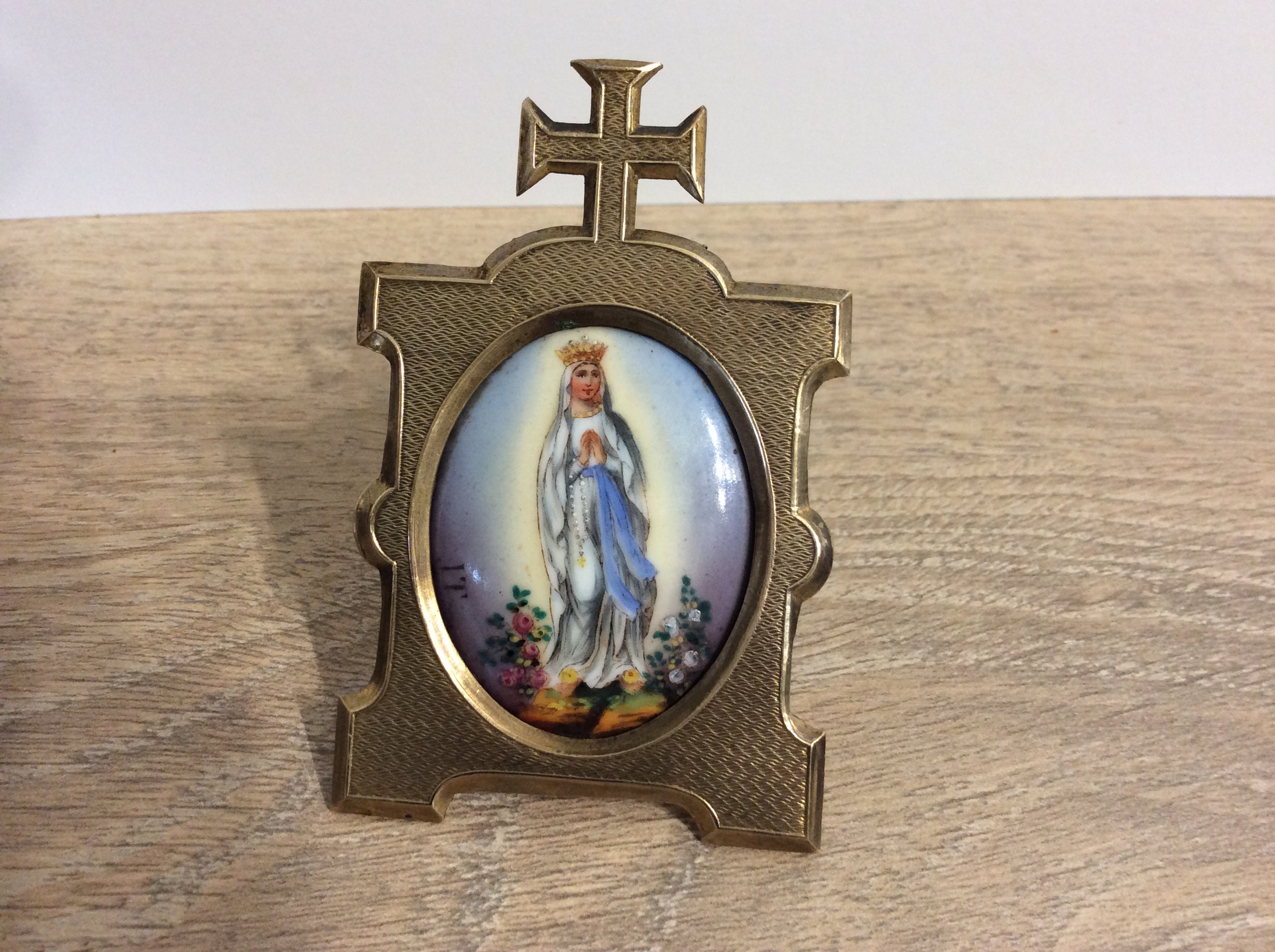 Français Antique Peint à La Main, Religieux, Miniature sur Une Plaque de Porcelaine Vierge, Vierge M