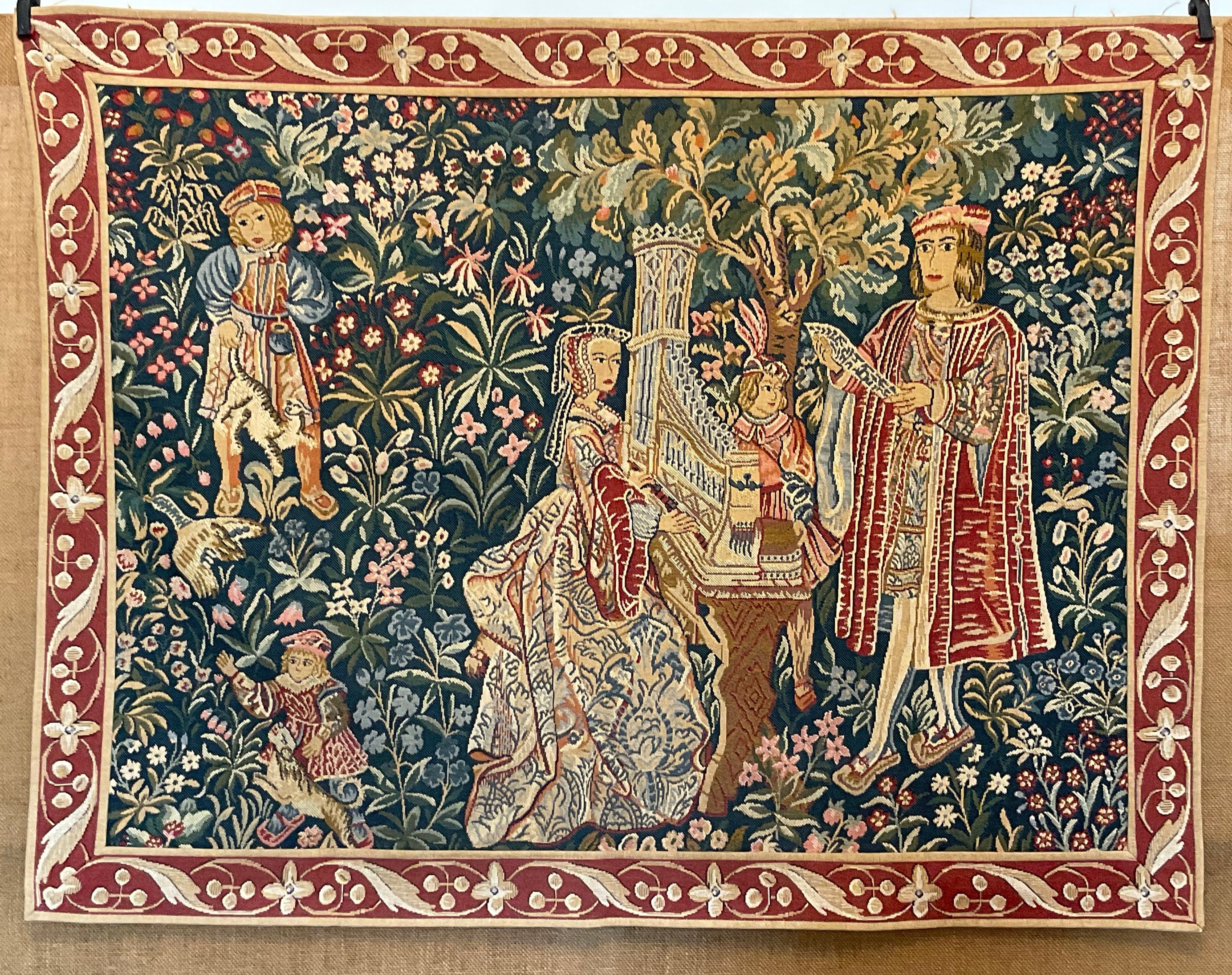 French vintage Medieval Mille Fleurs  Tapestry , La Dame a L’Orgue , Wall hanging , Lady and the unicorn, Chateau chic
