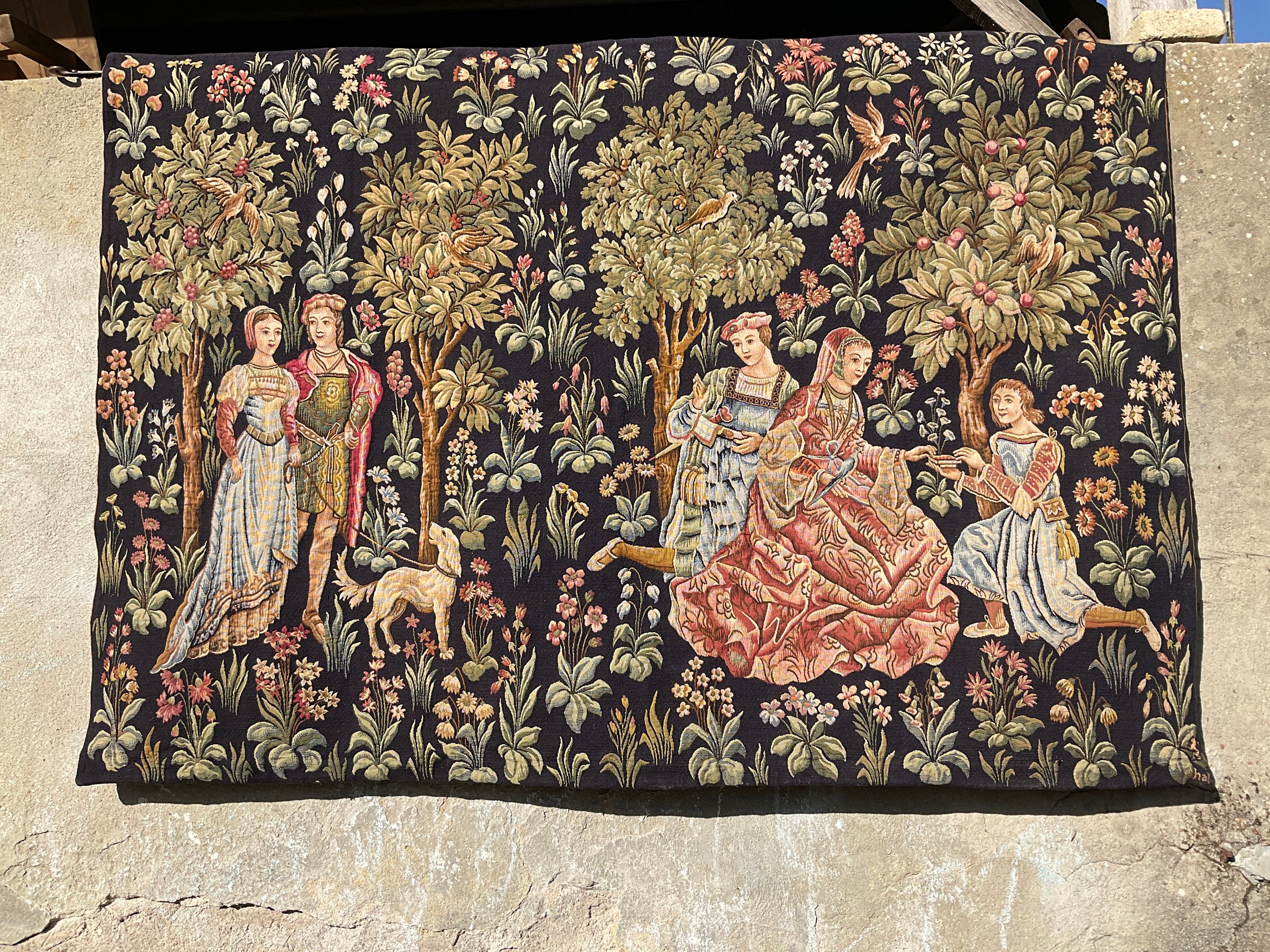 Français Vintage Mosaïque Bleue Médiévale , Point de L'halluin, Mille Fleur, Scène Romantique