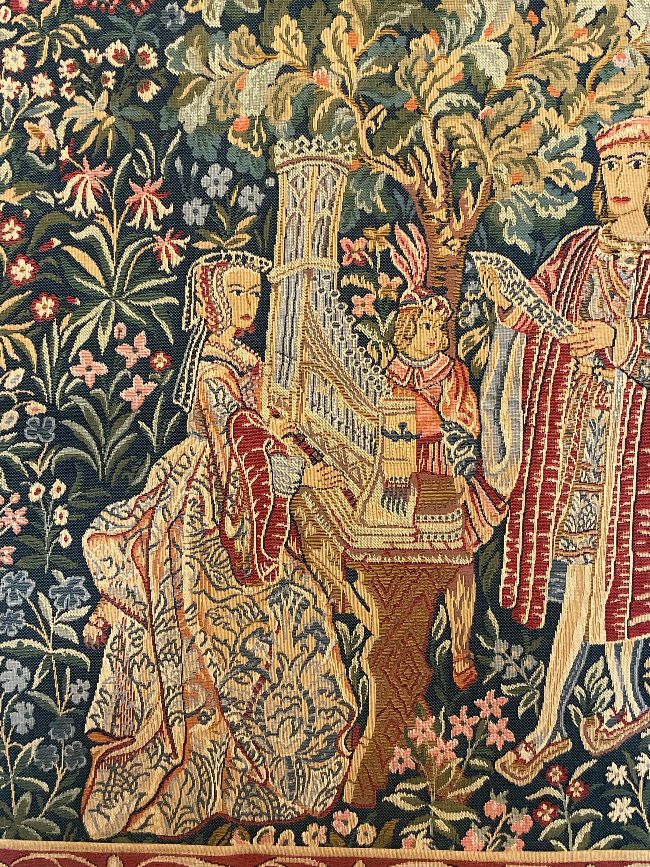 French Vintage Mille Fleurs Tapestry: La Dame a L'orgue, Lady and