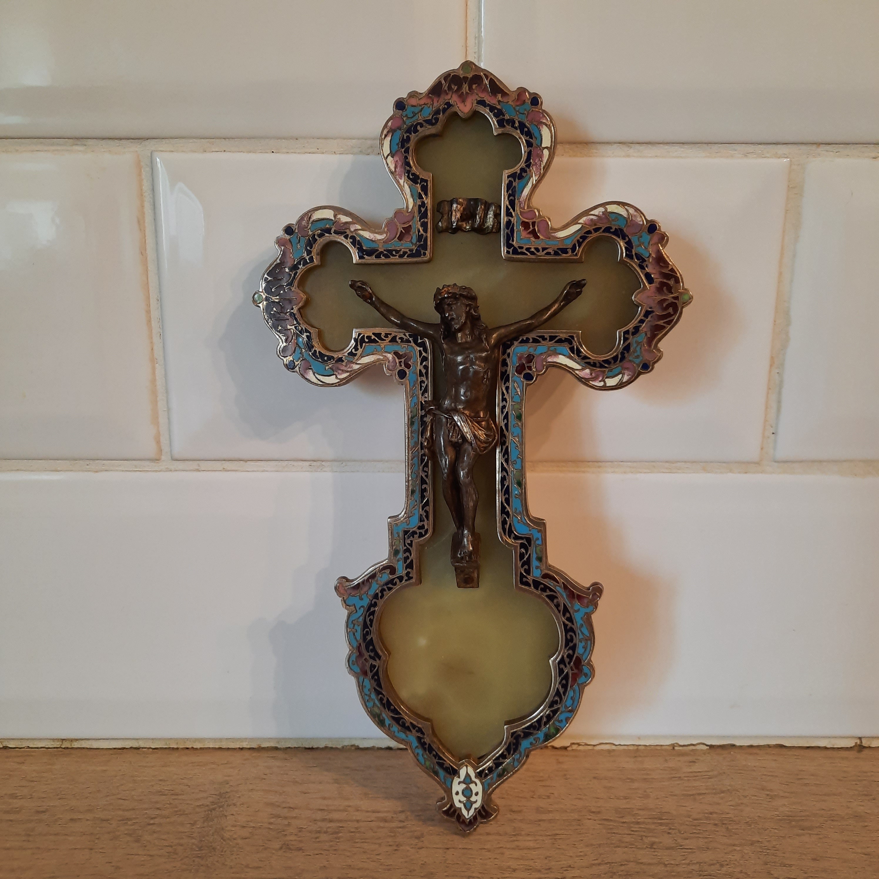 Français Champleve , Émail, Cloisonne Marbre d'onyx Crucifix Antiquité Croix, Jésus, Icône Religieus