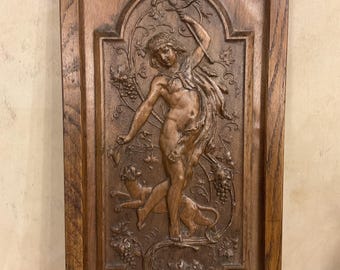 Antique Hand-Carved Bacchus Wooden Panel: Rustic Dionysus Wall Art