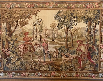 French Vintage Verdure  Aubusson Hunting scene Tapestry, Wall hanging , point de L’Halluin , JP Paris , Retour De Chasse 195 by 141 cm