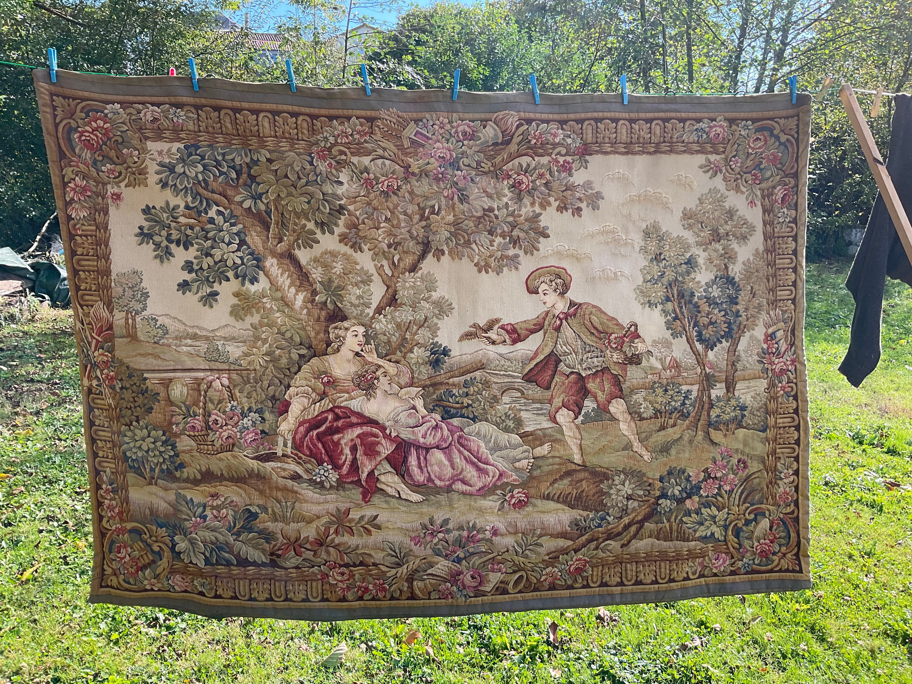 Français Tapisserie Vintage Aubusson, Accrochage Mural, Scène Pastorale Romantique, Château Chic, Ho