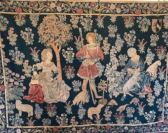 Large French Vintage Tapestry: Medieval Mille Fleurs Scene,  wall hanging