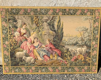 Genuine French Aubusson Tapestry  Romantic Pastoral Scene  , Poney , Flower Border, Wall Hanging, Chateau Chic