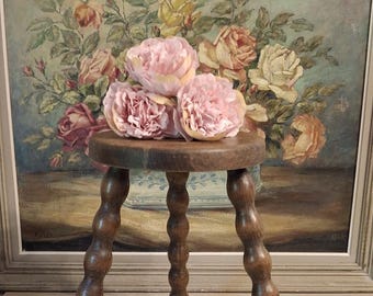 Vintage French Bobbin Leg Stool, with Milking stool , Antique Wooden Plant Stand or Accent Stool,  Rustic Cottagecore Decor