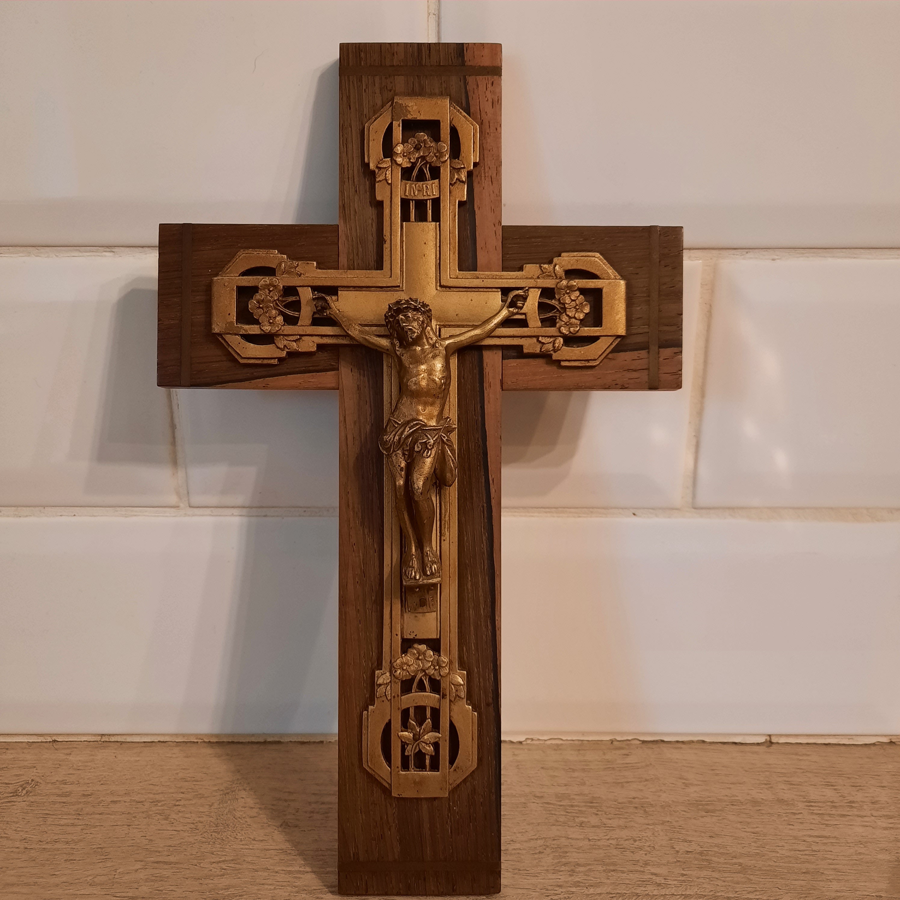 Français Orante Brass & Wood 1930S Crucifix, Croix , Religieux, Spiritualité