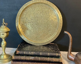 Brass Moroccan Engraved Serving tray, Tea Tray, Platter, Wall Art, Wall hanging , Arabian chic, Home Decor, signed