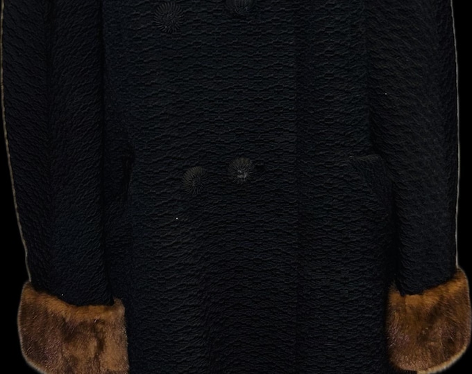 Featured listing image: Vintage Black Wool Coat – Mink Fur Trim, Mid-Century Style