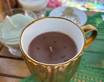 Hot Cocoa Scented Candle In A Ceramic Gold Cup. 10 Oz