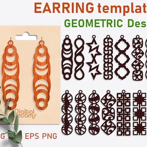 Peut inclure: Un ensemble de 12 modèles de boucles d'oreilles géométriques pour la découpe au laser. Les modèles présentent une variété de motifs, y compris des cercles, des étoiles et des carrés. Les modèles sont aux formats SVG, EPS et PNG.  EARRING templates GEOMETRIC Design