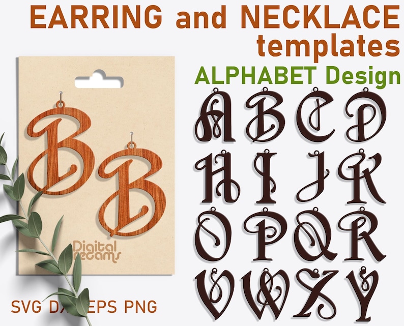 K&ouml;nnte beinhalten: Ein Satz Alphabet-Buchstabenvorlagen f&uuml;r Ohrringe und Halsketten. Die Buchstaben sind in einer kursivschriftlichen Schriftart gehalten und in braunem Holz dargestellt. Der Text "EARRING and NECKLACE templates ALPHABET Design" befindet sich oben im Bild.