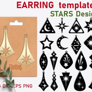 May include: A set of 20 earring templates featuring star designs. The templates are black and white and include various shapes, such as stars, crescents, and geometric shapes. The text "EARRING templates STARS Design" is at the top of the image.