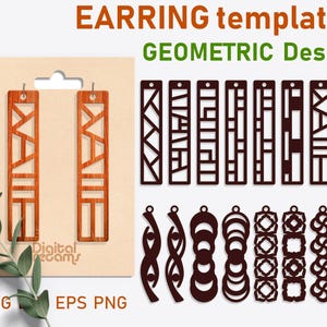 May include: A set of 16 geometric earring templates for crafting. The templates feature a variety of shapes and patterns, including circles, squares, triangles, and zigzags. The templates are black and white and are suitable for use with a variety of materials, such as wood, metal, or plastic.