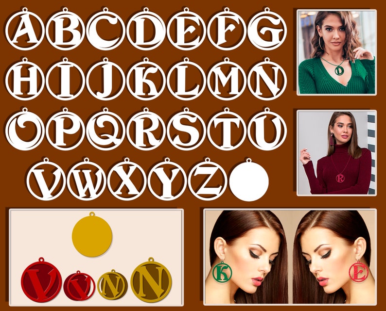 Leather earring svg bundle Letter necklace Initial necklace Wood template Alphabet earrings Jewelry cut files dxf png image 3