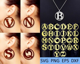 26 Alphabet leather wood earring svg Circle monogram necklace templates Acrylic pendant svg Jewelry Cut Files dxf png