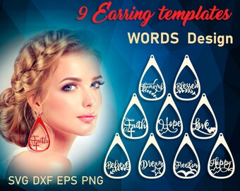 9 Leather teardrop earring svg Wood necklace template svg Blessed Faith Jewelry Cut Files dxf png eps ,